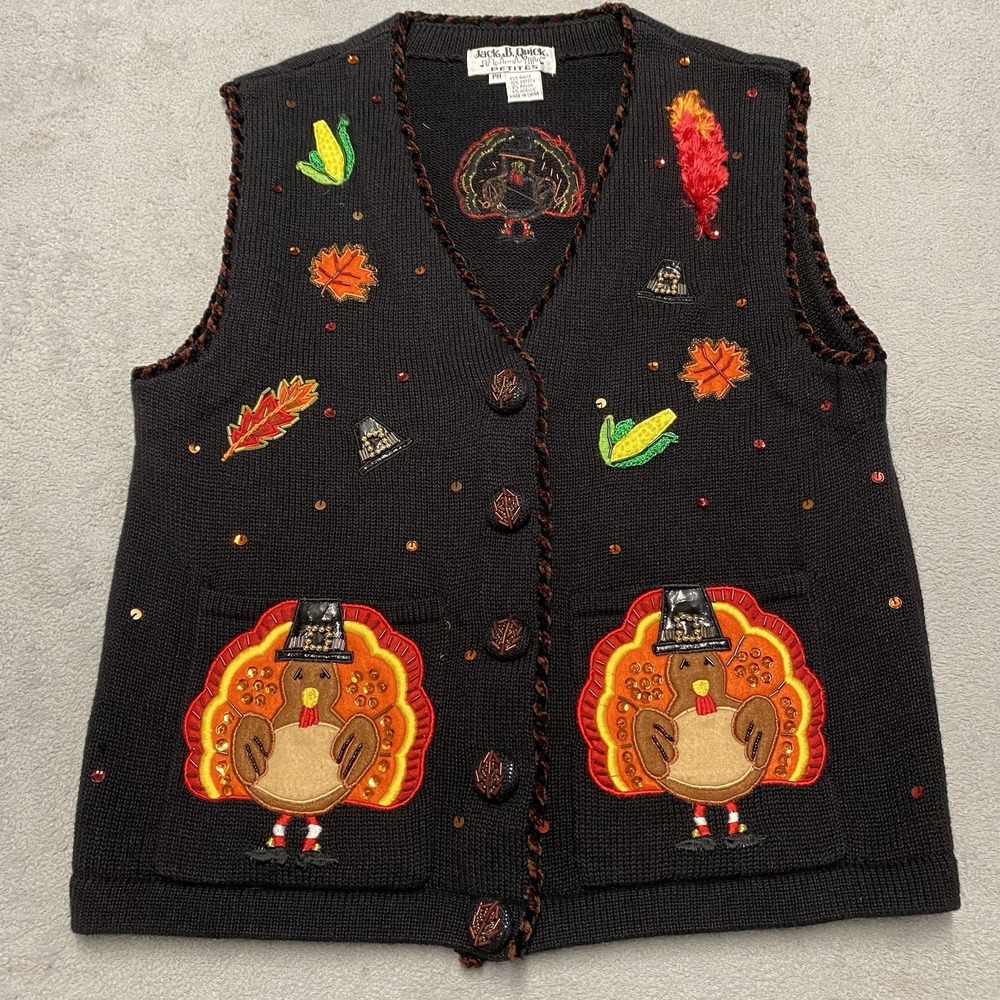 Jack B Quick Sweater Vest Thanksgiving Womens Medium Turkey Pockets Cardigan 90s